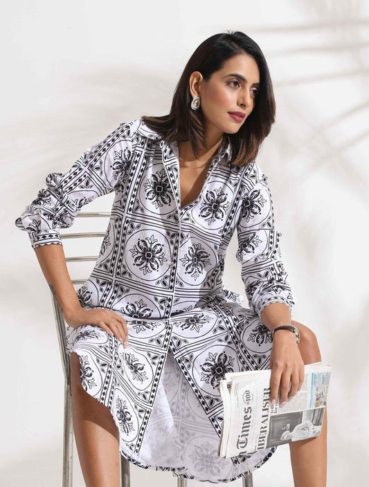 trueBrowns White Cotton Print Shirt Dress | Swadesiicart