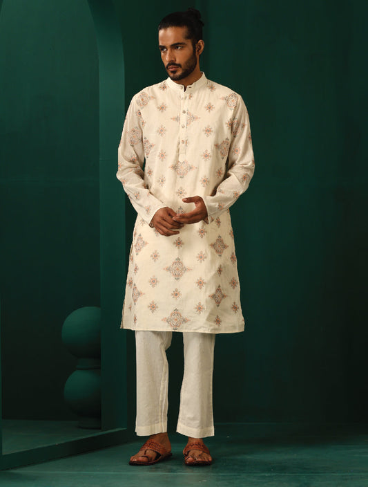 trueBrowns Men's Ivory Peach Cotton Kurta | Swadesiicart