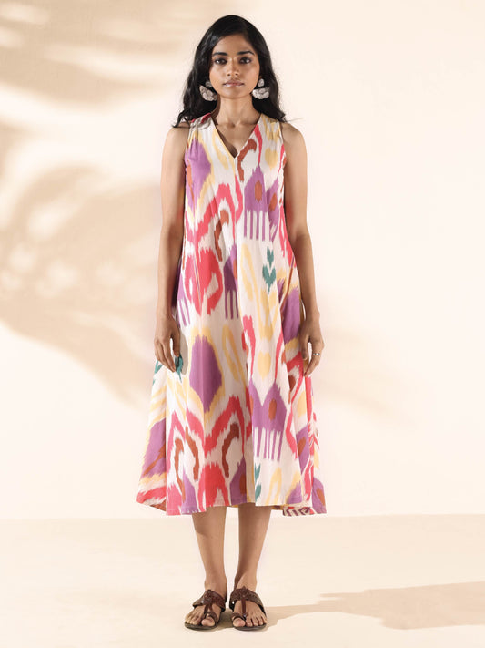 trueBrowns Pink Cotton Ikat Sleeveless Dress | Swadesiicart