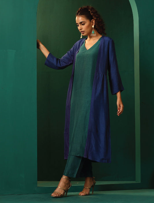 trueBrowns Blue Teal Silk Kurta Jacket Set | Swadesiicart