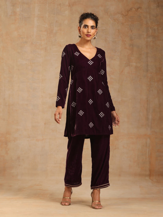 trueBrowns Wine Velvet Embroidered Co-ord Set - Swadesiicart