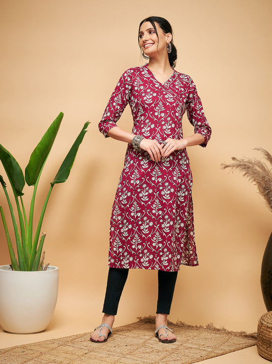 InWeave Women's Wine Floral Print Straight Angrakha Gota Kurta - Swadesiicart