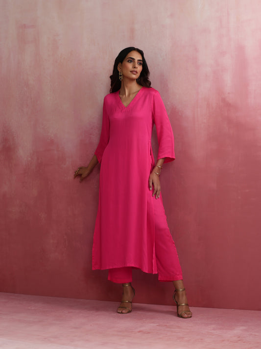 trueBrowns Pink Modal High Slit Kurta Set | Swadesiicart