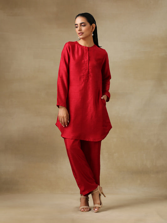 trueBrowns Maroon Textured Silk Front Placket Co-Ord Set - Swadesiicart