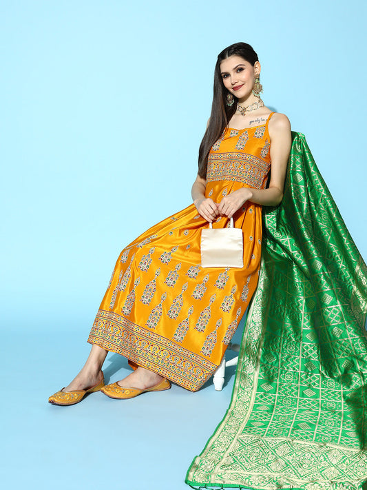 InWeave Women's Mustard Foil Print Strappy With Green Brocade Dupatta - Swadesiicart