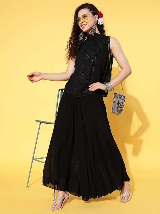 InWeave Women's Black Lurex Top With Flared Pallazo - Swadesiicart