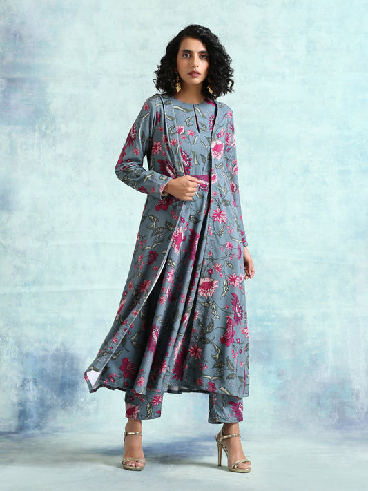 trueBrowns Grey Printed Velvet Overlay Jacket | Swadesiicart