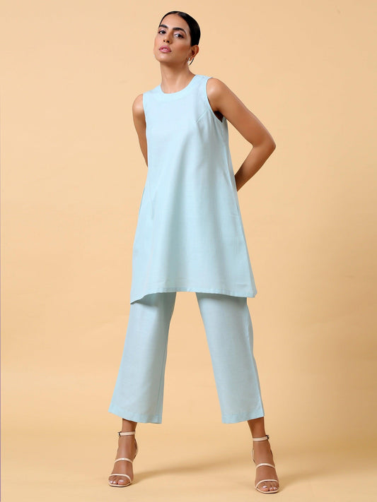 trueBrowns Cotton Linen Light Blue Sleeveless Co-Ord Set | Relove - Swadesiicart