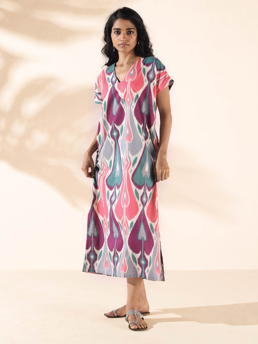 trueBrowns Green Cotton Ikat Slit Dress | Swadesiicart