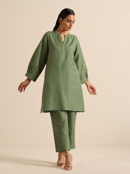trueBrowns Olive Green Slub Relaxed Placket Co-Ord Set - Swadesiicart