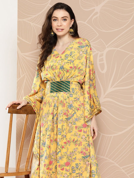 Ahalyaa Women Floral Printed Flared Sleeves Gotta Patti Floral Crepe Kaftan Kurta | Swadesiicart