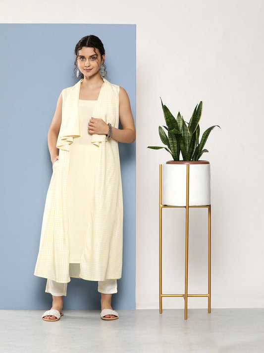 Ahalyaa Women White & Yellow Checked Crepe Kurta | Swadesiicart
