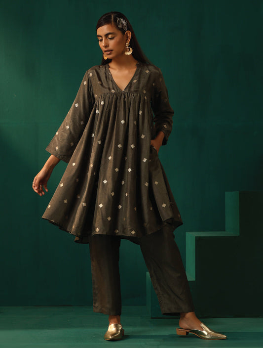 trueBrowns Grey Diamond Viscose Silk Yoke Gathered Co-ord Set - Swadesiicart