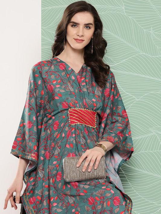 Ahalyaa Women Floral Printed Flared Sleeves Gotta Patti Crepe Kaftan Kurta | Swadesiicart