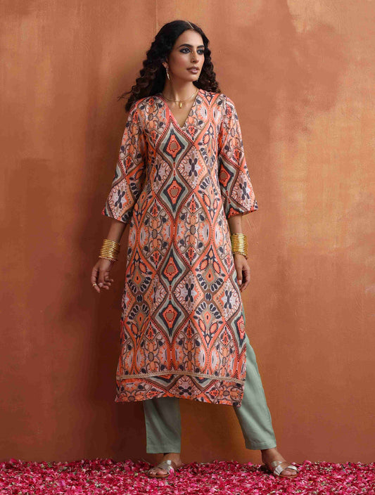 trueBrowns Beige Abstract Print Kurta Set | Swadesiicart