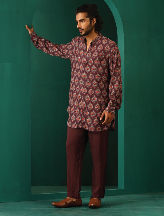trueBrowns Men's Deep Purple Paan Muslin Silk Printed Co-ord Set - Swadesiicart