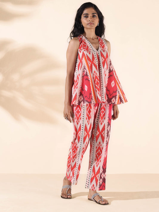 trueBrowns Maroon Cotton Ikat Flared Co-ord Set - Swadesiicart