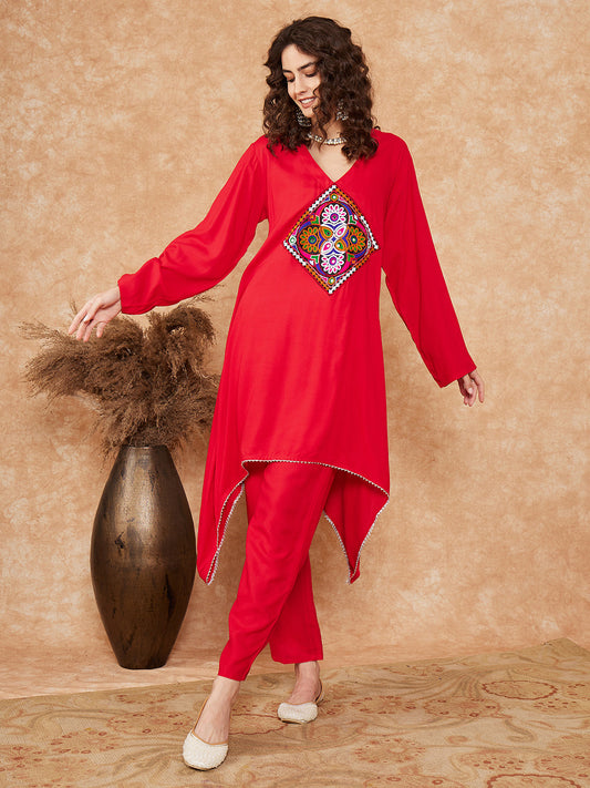 InWeave Women's Red Square Maroon Patch Work Assymentrical Kurta Set - Swadesiicart