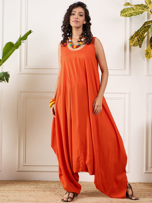 InWeave Orange Round Sleeveless Jumpsuit - Swadesiicart