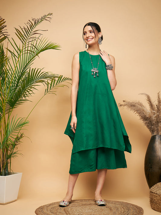 InWeave Women's Forest Green Short Kurta Palazzo Set - Swadesiicart