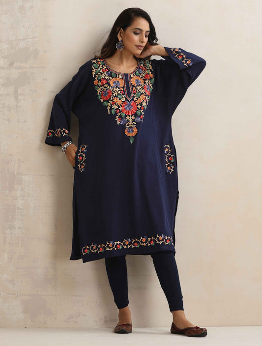 trueBrowns Blue Kashmiri Floral Embroidered Woollen Phiran Kurta | Swadesiicart