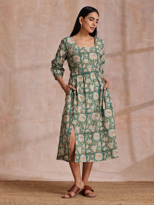 trueBrowns Fern Green Overall Floral Block Print Cotton Square Neck Dress | Swadesiicart