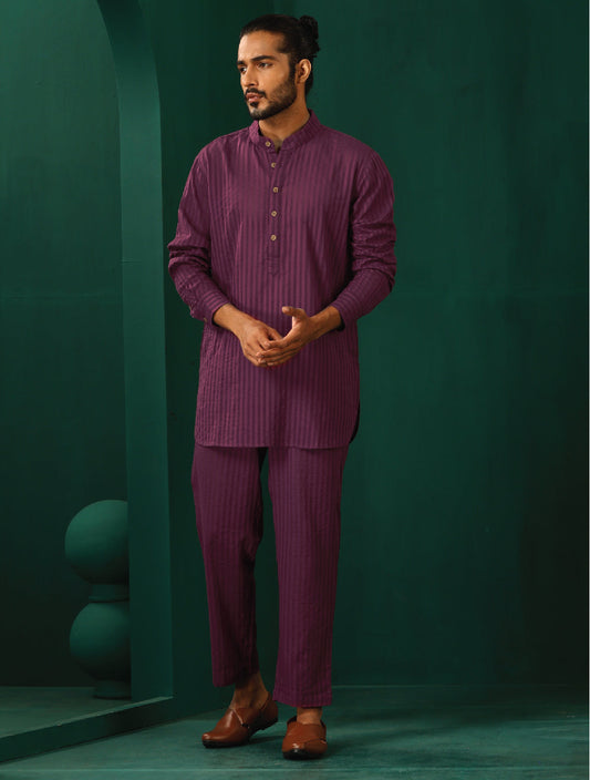 trueBrowns Men's Purple Dobby Co-ord Set - Swadesiicart