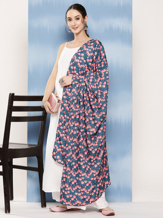 InWeave Women's White Strappy Set With Navy Pink Lotus Cr Dupatta - Swadesiicart