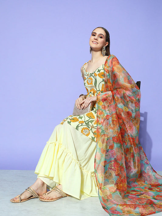 InWeave Women's Off White Yellow Floral Print Tie Up Kurta Sharara Set With Dupatta - Swadesiicart