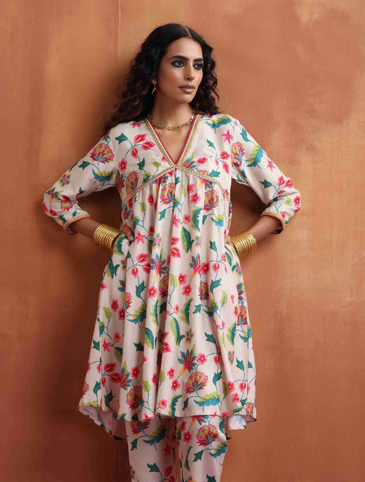 trueBrowns Off White Print Anarkali Kurta Co-ord Set - Swadesiicart