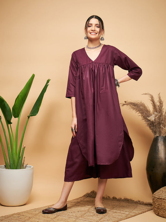 InWeave Women's Wine Solid Flared Kurta Palazzo Set - Swadesiicart