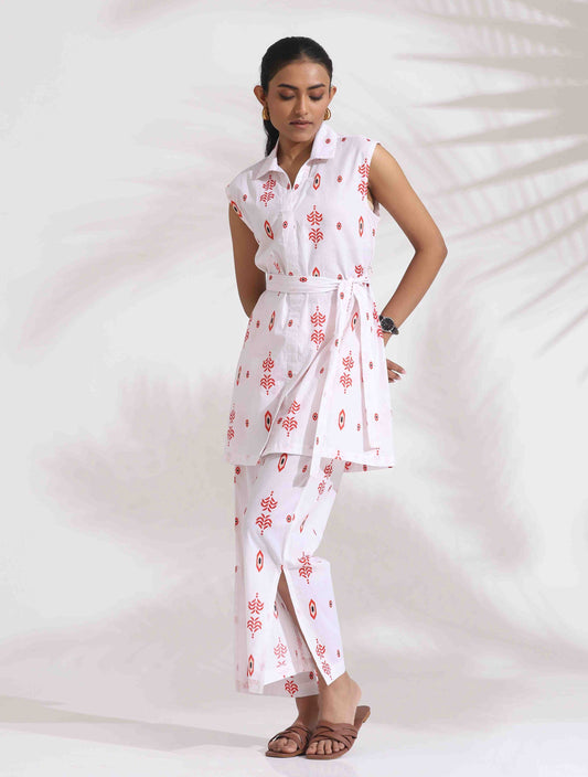 trueBrowns White Cotton Print Tie-up Top & Pants Co-ord Set - Swadesiicart
