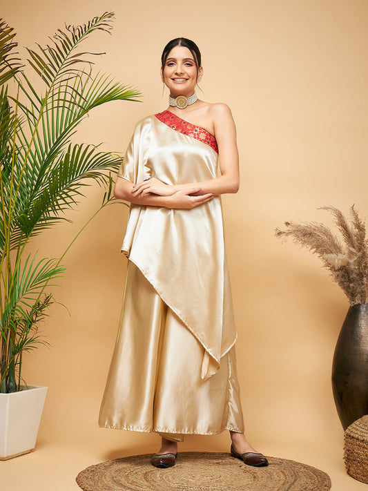InWeave Women's Beige Red Brocade Oneshoulder Top Satin W Palazzo Set - Swadesiicart