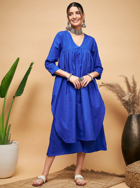 InWeave Women's Ink Blue Flared Kurta Palazzo Set - Swadesiicart