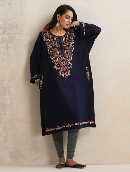 trueBrowns Blue Kashmiri Embroidered Woollen Phiran Kurta | Swadesiicart