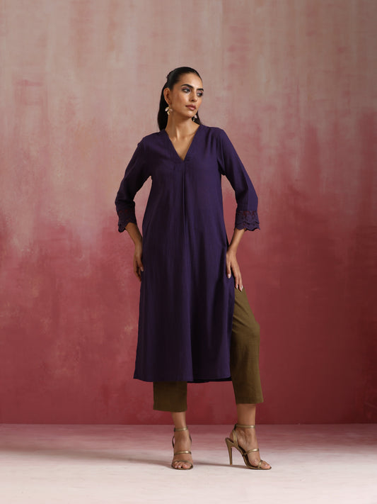 trueBrowns Purple Cotton Dobby Kurta Set | Swadesiicart