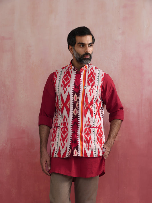 trueBrowns Men's Maroon Ikat Print Cotton Reversible Nehru Jacket | Swadesiicart