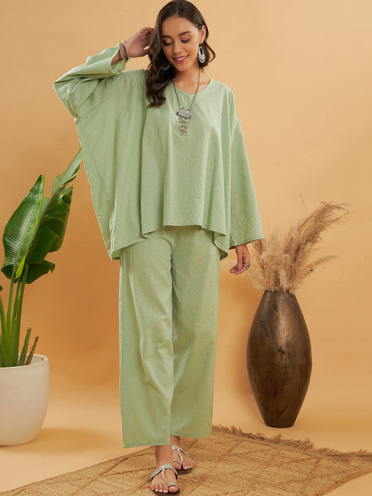 InWeave Women's Sage Green Kantha Boho Full Sleeve Coord Set - Swadesiicart