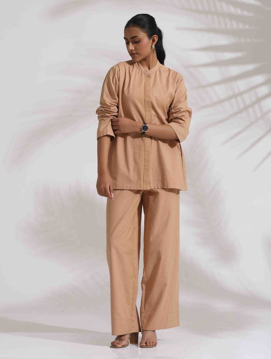 trueBrowns Beige Cotton Embroidered Shirt Top Co-ord Set - Swadesiicart