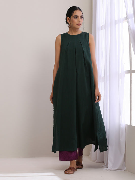 trueBrowns Dark Green Dobby Sleeveless Kurta Pant Set | Swadesiicart