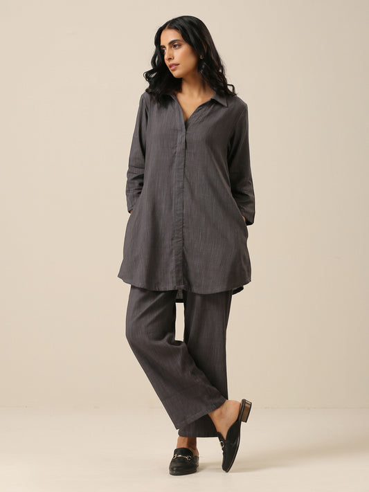trueBrowns Slate Grey Slub Texture Collar Short Co-Ord Set - Swadesiicart