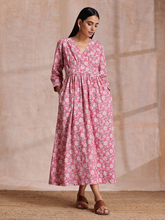 trueBrowns Pink Overall Floral Block Print Cotton Wrap Dress | Swadesiicart