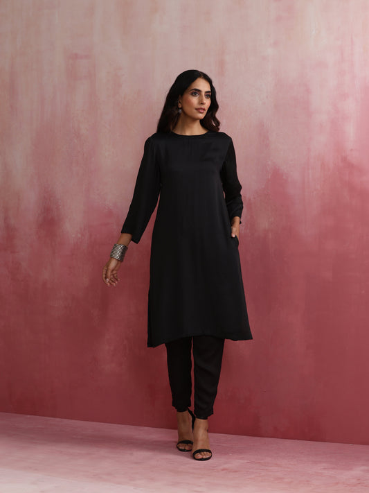 trueBrowns Black Modal Round Neck Kurta Co-ord Set - Swadesiicart