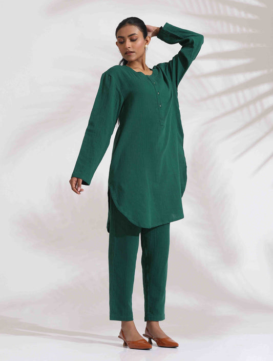 trueBrowns Green Cotton Kurta Co-ord Set - Swadesiicart