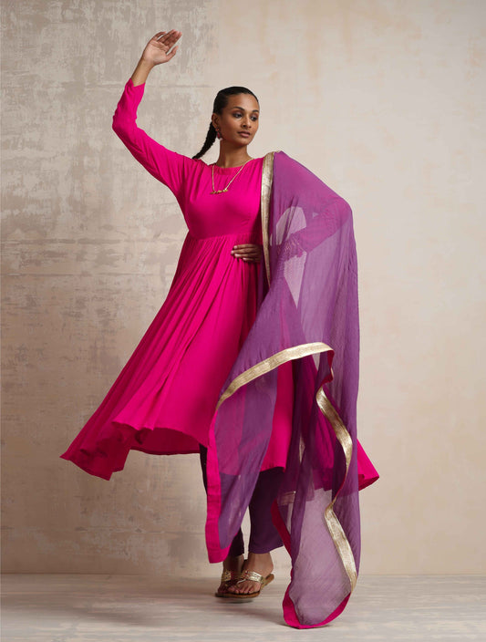 trueBrowns Pink Crinkle Anarkali Kurta Pant Dupatta Set | Swadesiicart