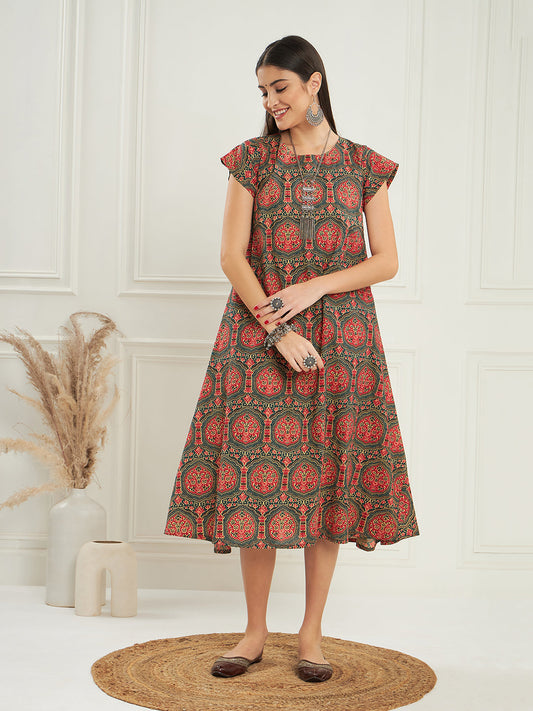 InWeave Women's Green Red Mughal Kalamkari A Line Dress - Swadesiicart