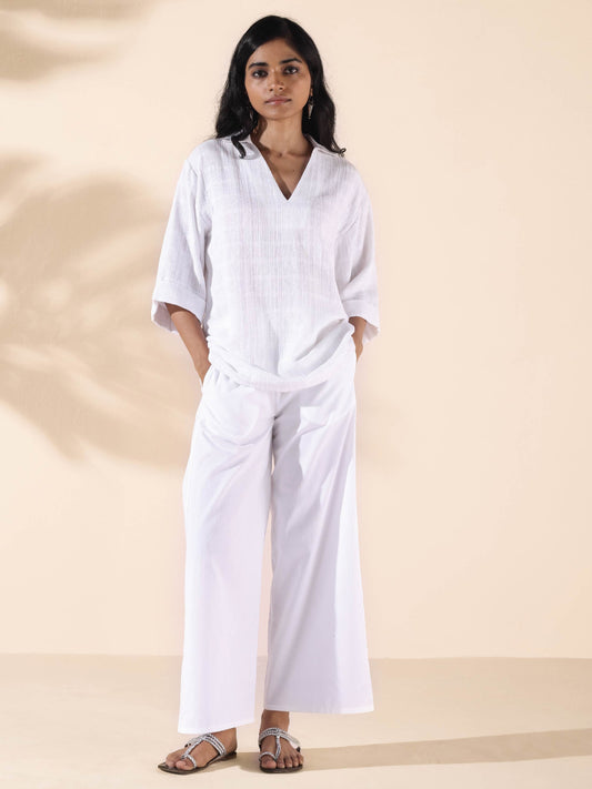 trueBrowns White Cotton Dobby V-Neck Co-ord Set - Swadesiicart