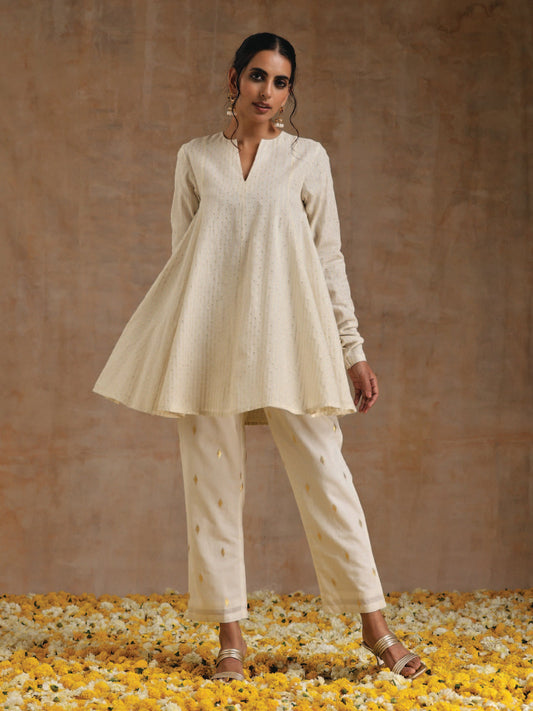 trueBrowns Ivory Gold Cotton Flared Co-Ord Set - Swadesiicart