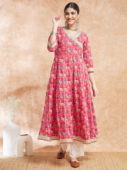 InWeave Women's Pink Patola Printed Gota Embroidered Anarkali Kurta - Swadesiicart