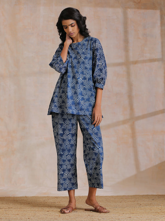 trueBrowns Indigo Dabu Overall Print Cotton Baggy Sleeve Co-Ord Set - Swadesiicart